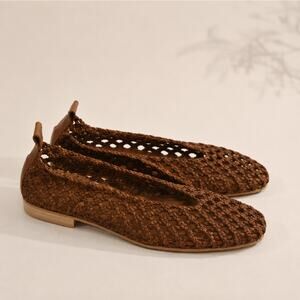 BALDININI Open Woven Leather Basketweave Flats Cognac Brown Sz 35 NWOB $450